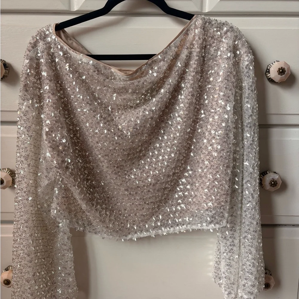 Anthropologie Ivory Sequin Cropped Long-Sleeve Top